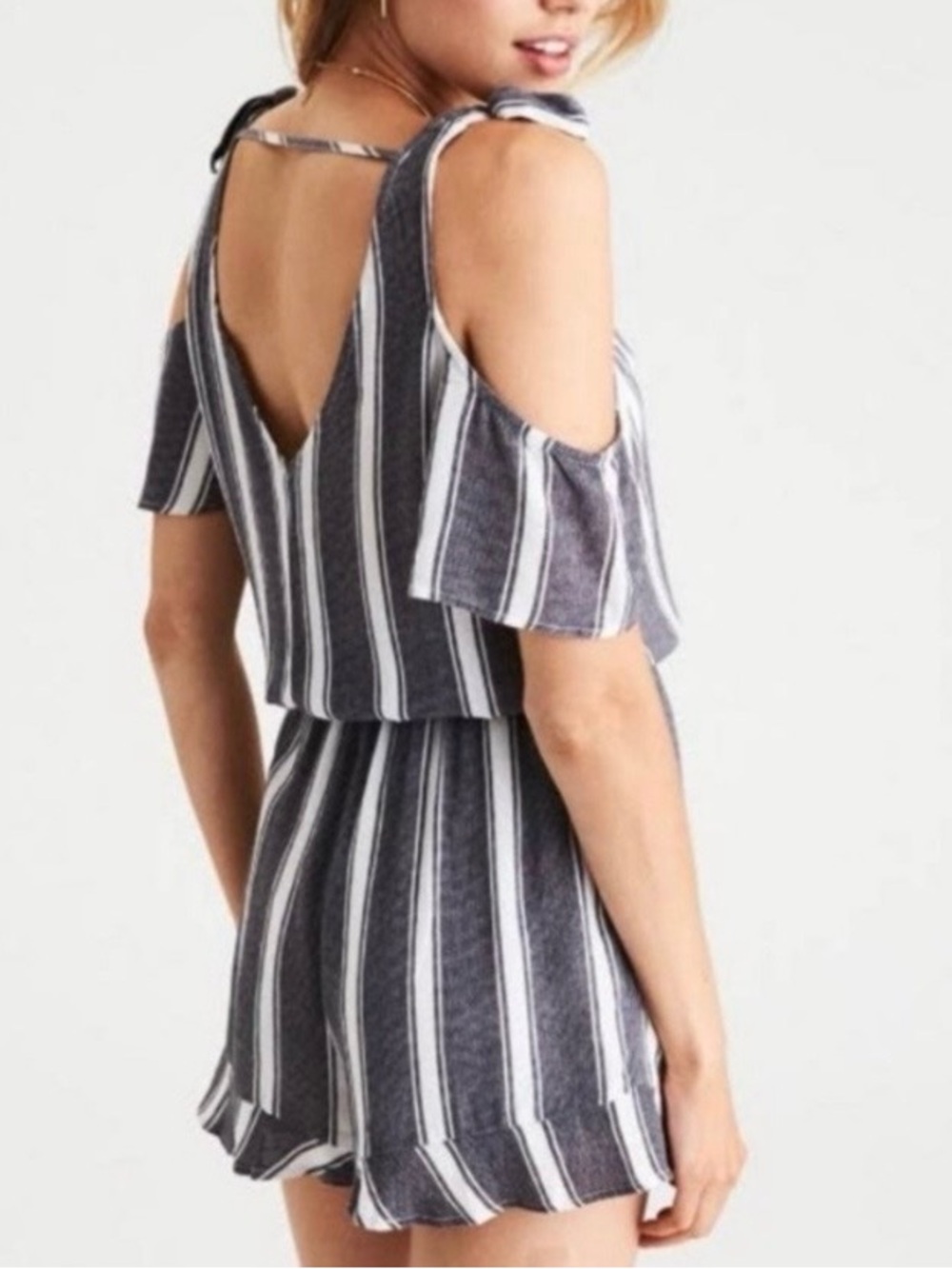 American Eagle Outfitters Navy and White Striped Cold-Shoulder Romper
